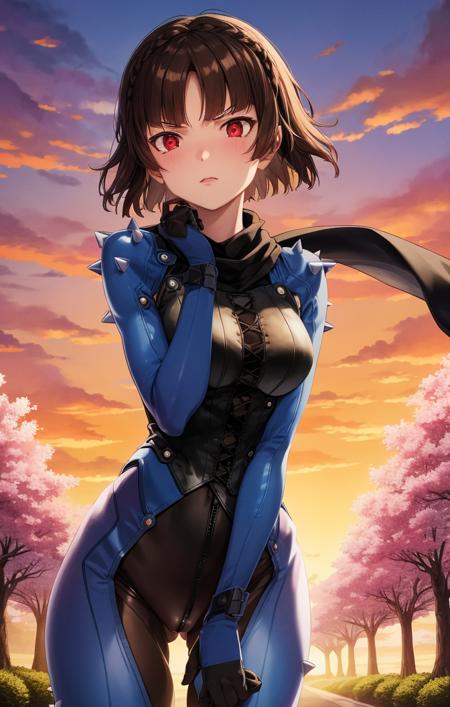 50970-897746368-masterpiece, soft lighting, scenic background, sunset, cherry blossom trees, vanishing point, black and dark blue bodysuit, spik.png